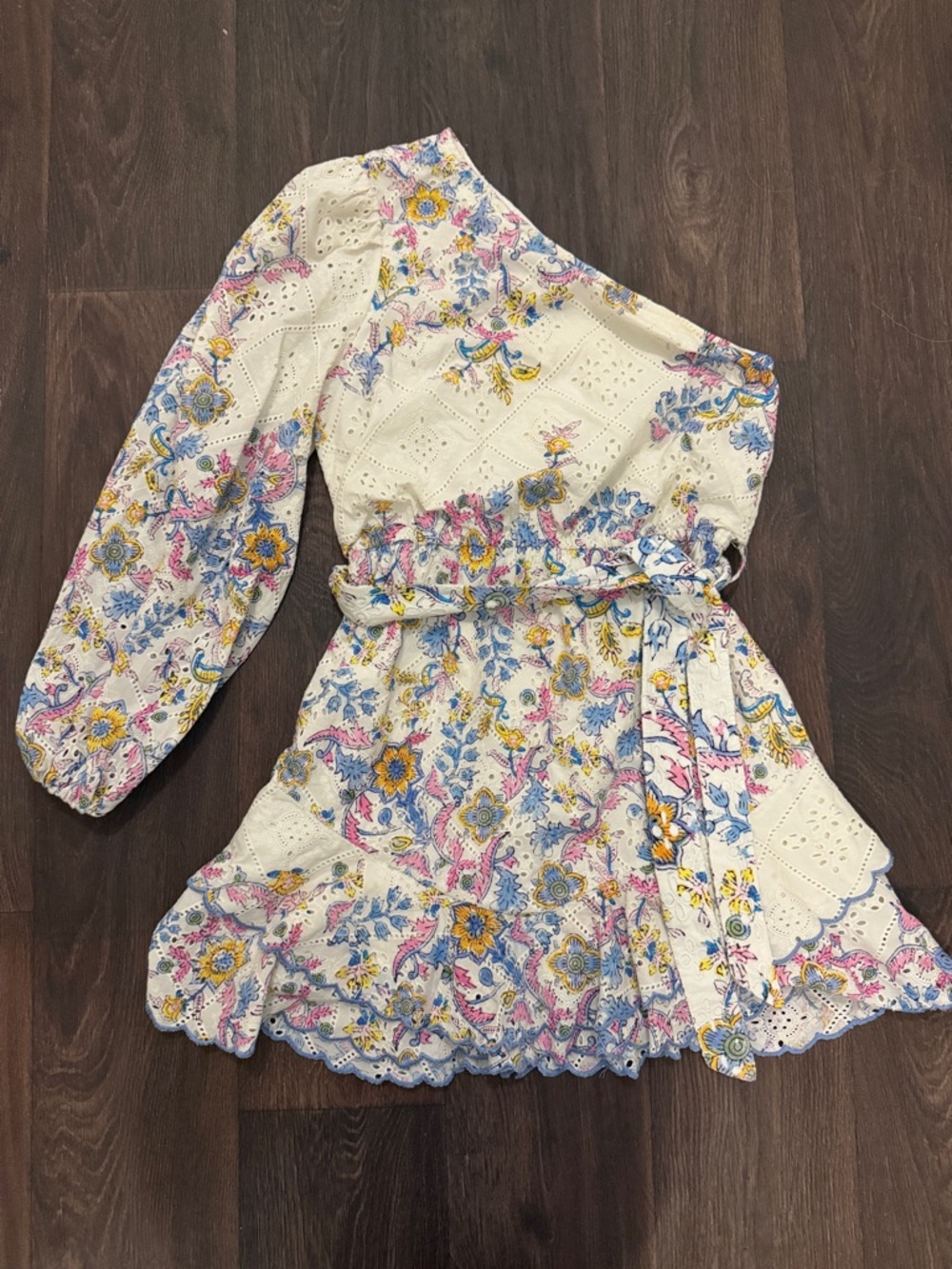 Hemant & Nandita One-Shoulder Floral Eyelet Mini Dress